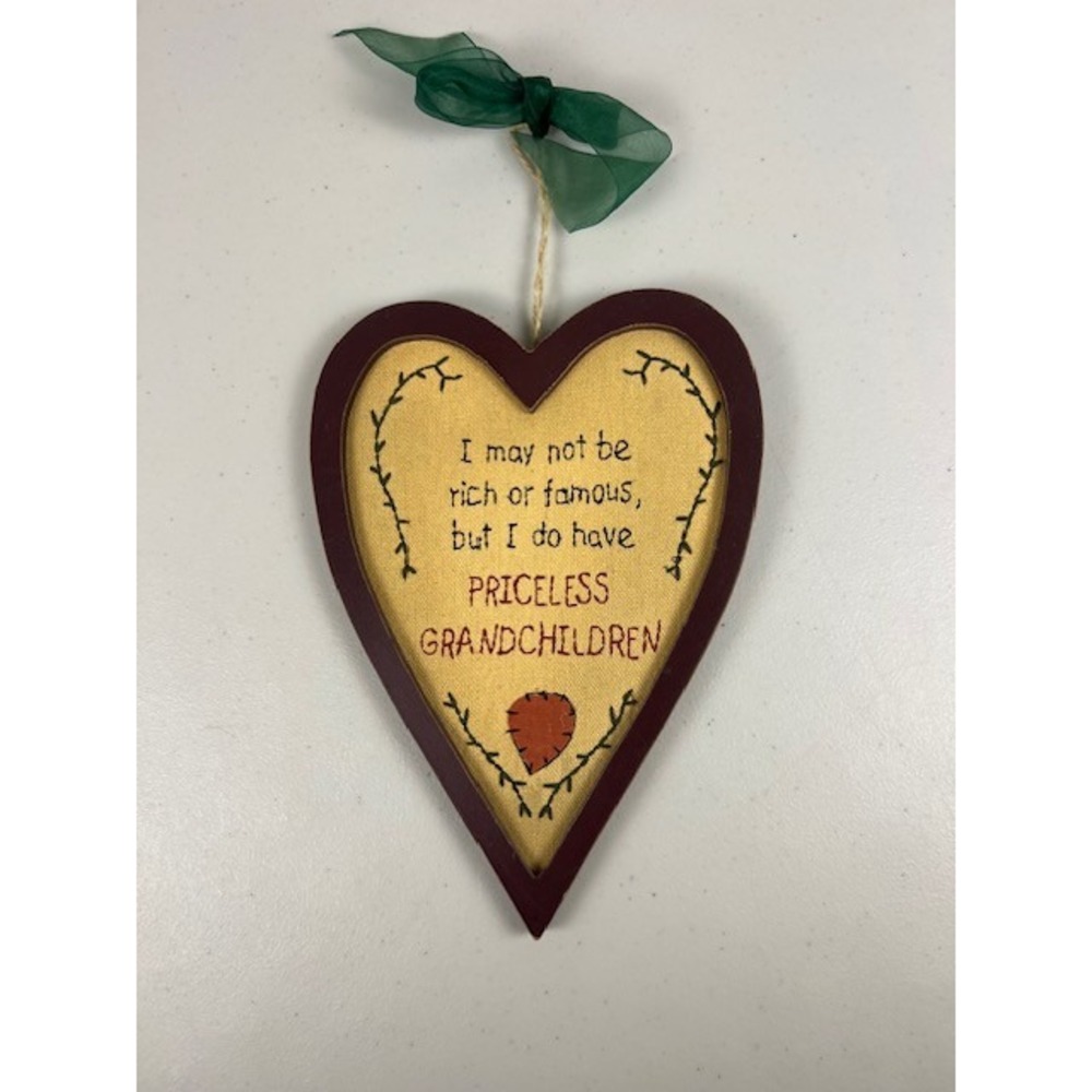 Priceless Grandchildren Primitive Heart Wall Hanging Burgundy Wood Embroidered